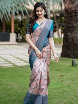 Banarasi Pinkish Teal Blue Silk Saree for Wedding and Party Wear