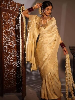 Haldi Special Yellow Cream Banarasi Saree for Wedding Functions