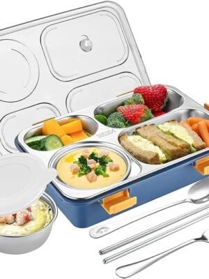 Lunch Box for Kids and Adults 1250ml 4 Compartment Steel Box with Lid and Cutlery