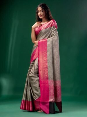 Wedding Grey Pink Silk Saree for Women
